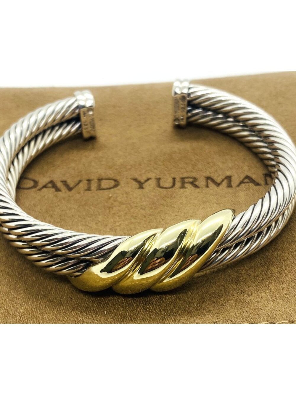 David Yurman Double Cable Sterling Silver 925 14K Yellow Gold Cuff Bracelet